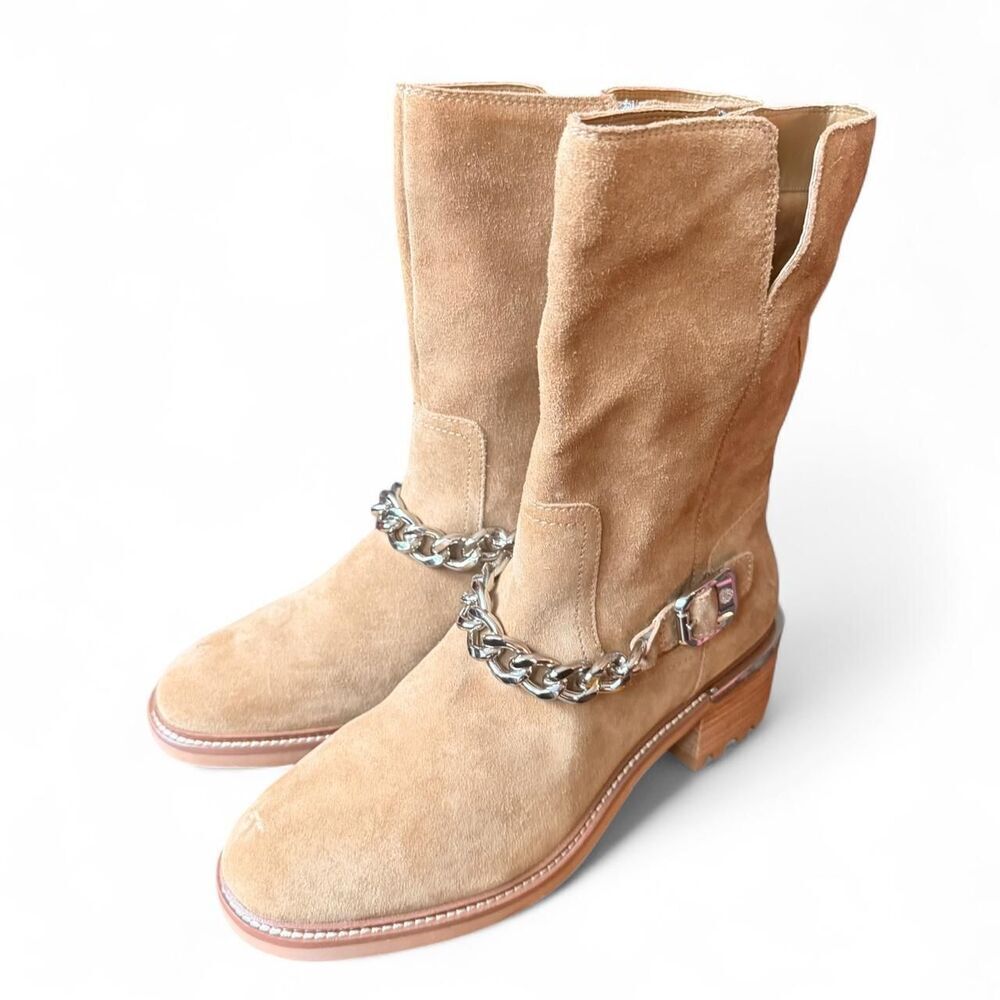 Vince Camuto Keshilla Suede Moto Boots Women’s 11 EU 43 Tan Chain Lug Sole